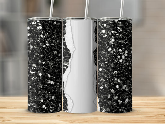 Three tumblers with black glitter and a torn paper effect.