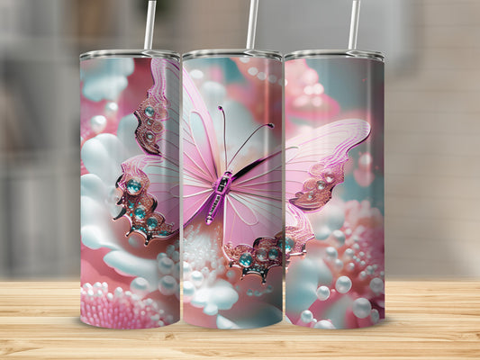 Pink butterfly tumbler with pearl and flower embellishments.