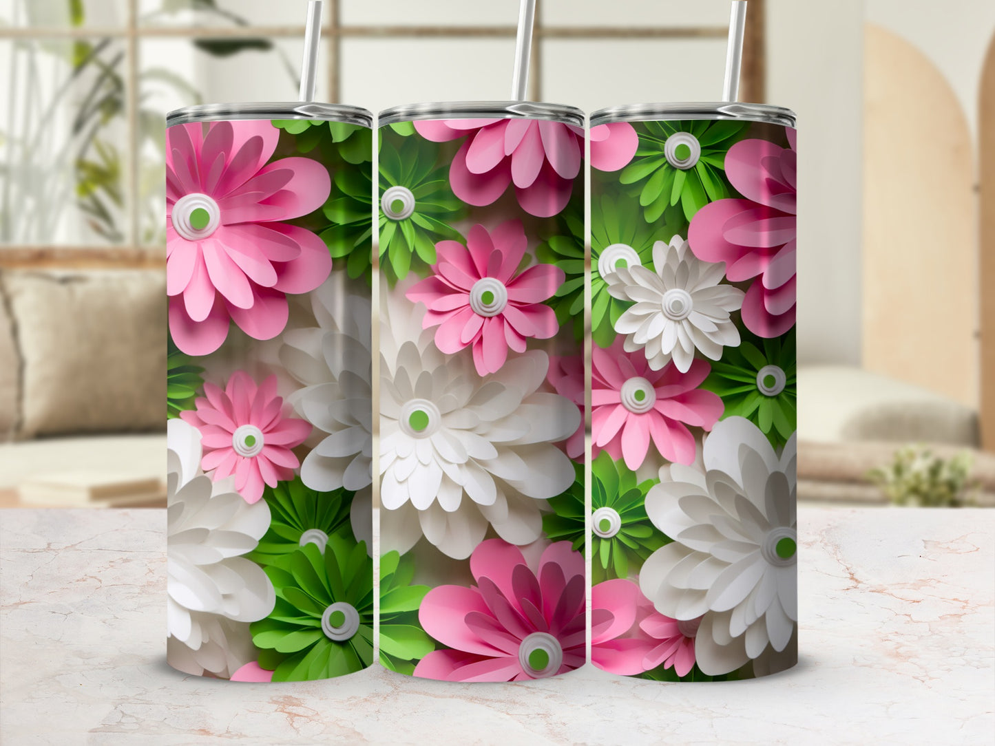 Floral Pink and White 20oz Insulated Tumbler Cup