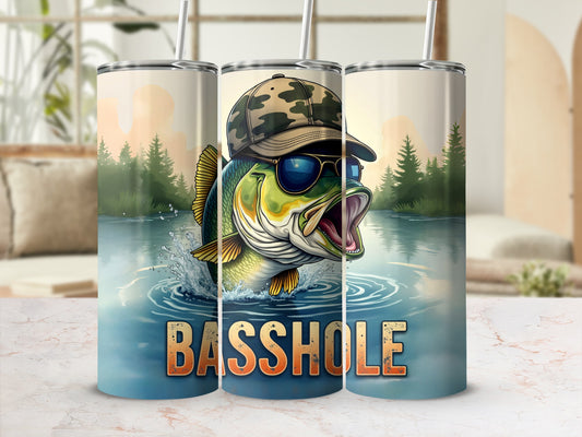 Funny Basshole Fish Design Tumbler with Camouflage Hat