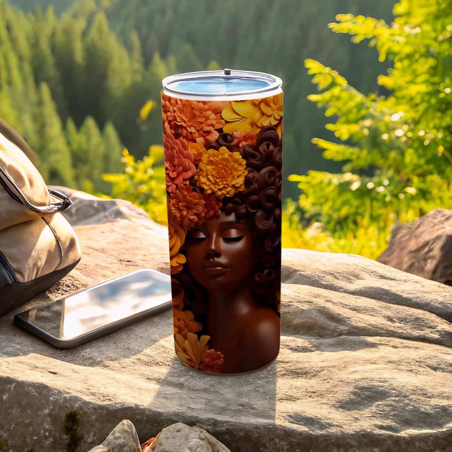 Tumbler with floral crown on woman's head, set outdoors.
