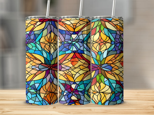 Three tumblers with a colorful stained-glass floral pattern.