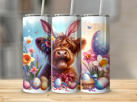 Easter Highland cow with bunny ears, colorful eggs, and flowers.