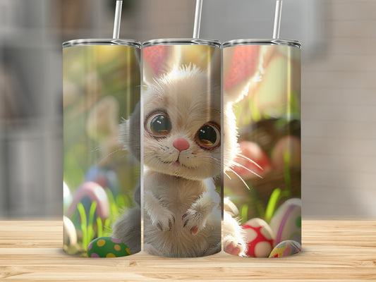 Three tumblers featuring a cute cartoon bunny surrounded by Easter eggs and grass.