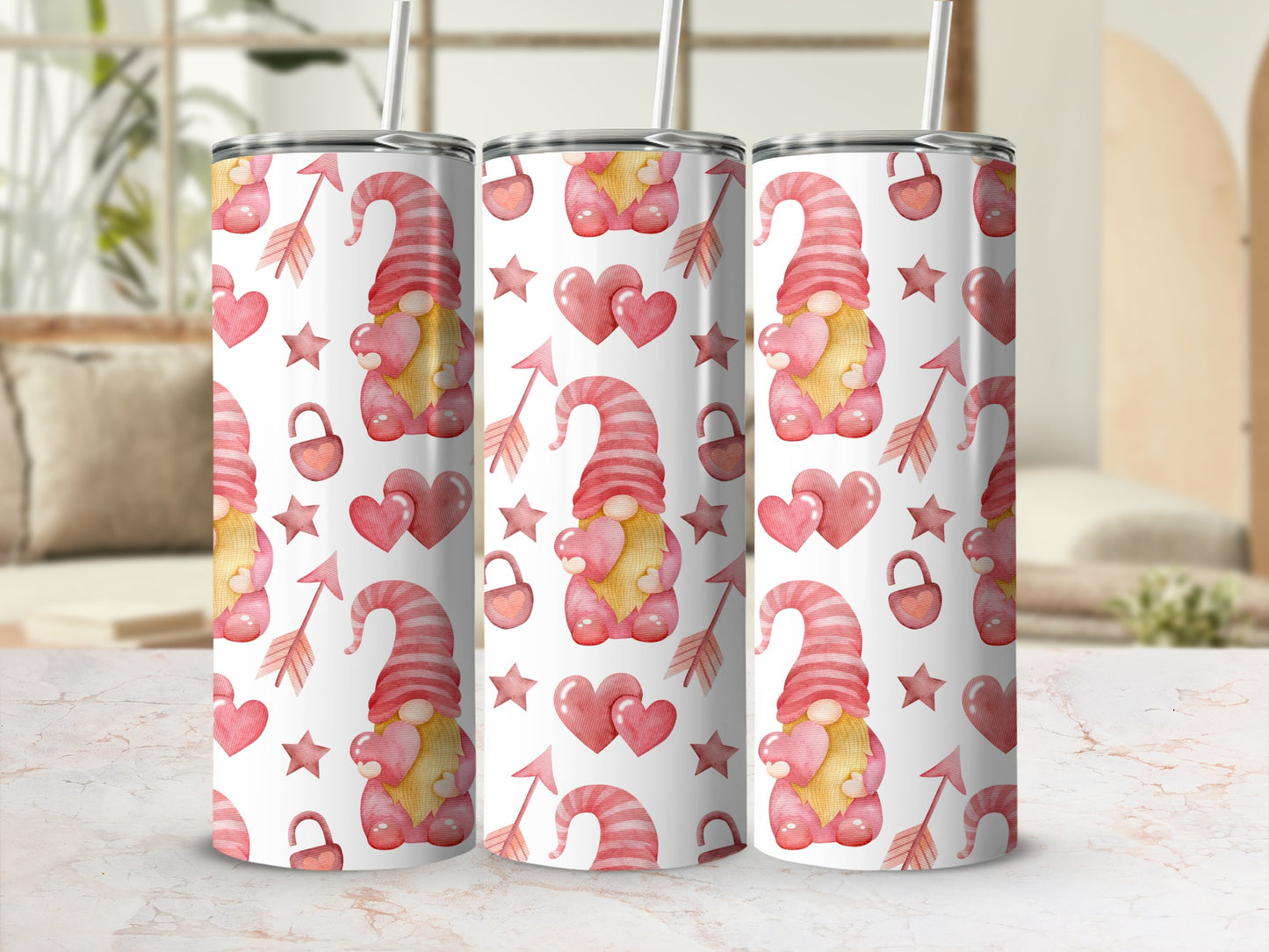 Cute Gnome and Heart Patterned Tumbler Drinkware