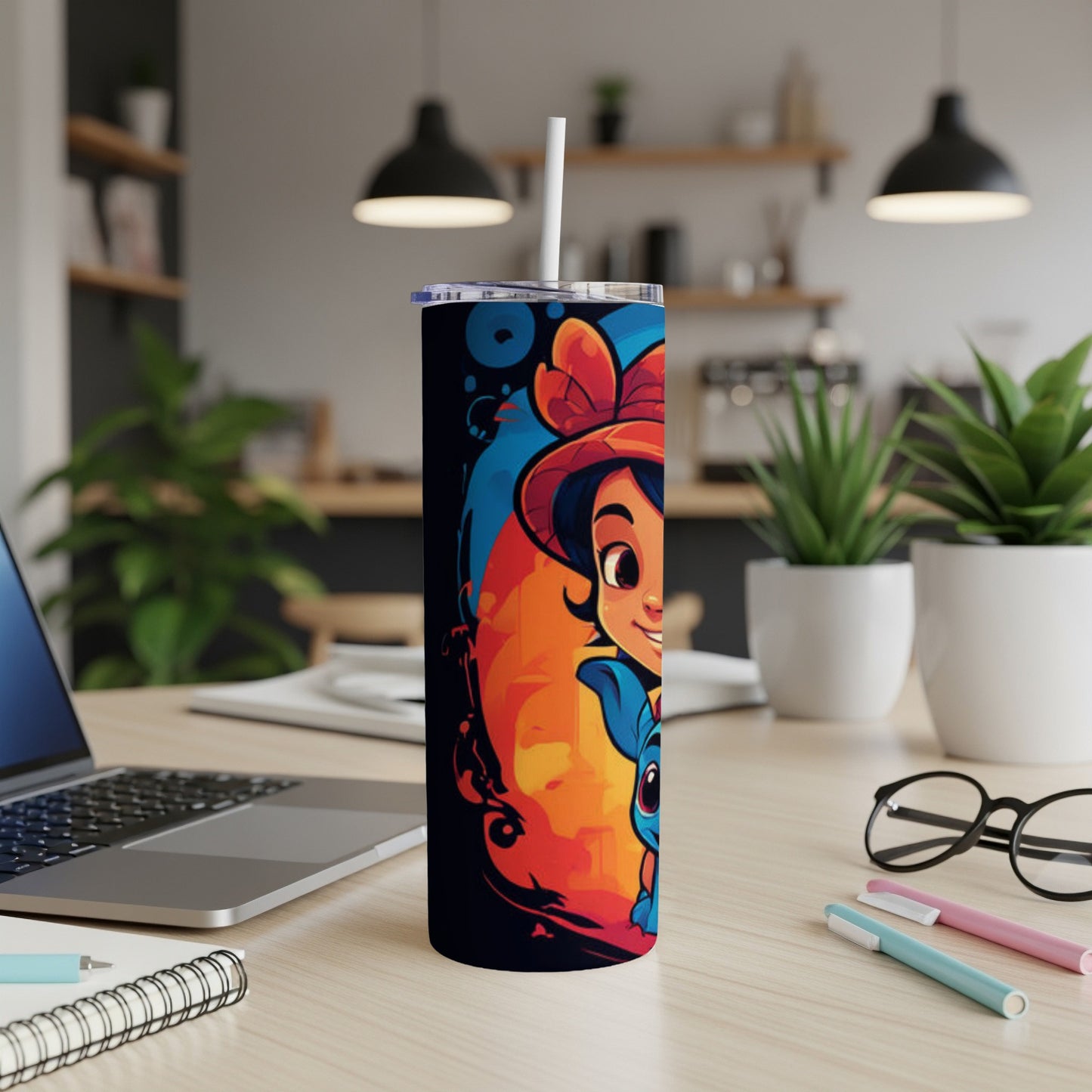 Cartoon girl with blue creature on a black tumbler with orange background.