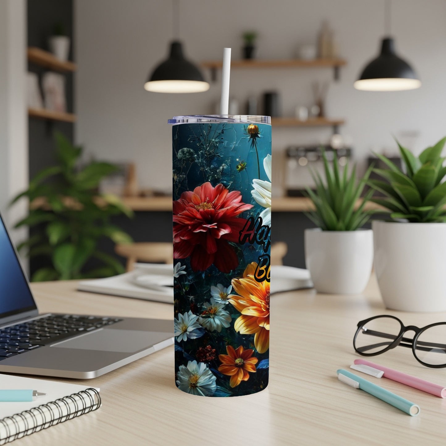 Tall tumbler with floral pattern and "Happy Birthday" text.