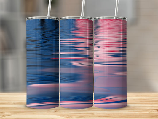 Three tumblers with a rippling water design in blue and red.