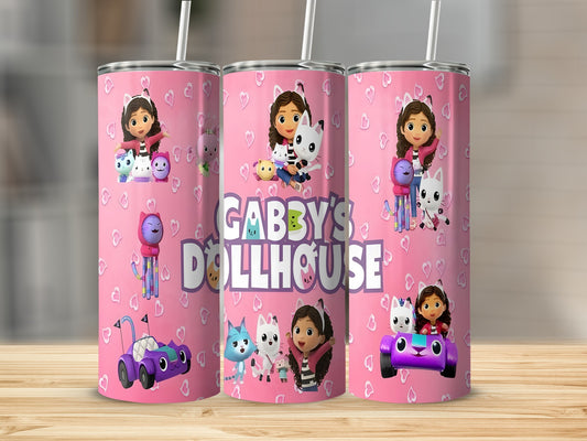 Gabby's Dollhouse tumblers with Gabby, Pandy Paws, and characters on a pink background.