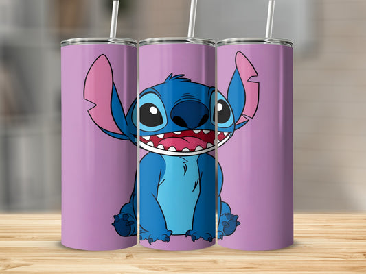 Blue cartoon character Stitch on purple patterned tumblers with straws.