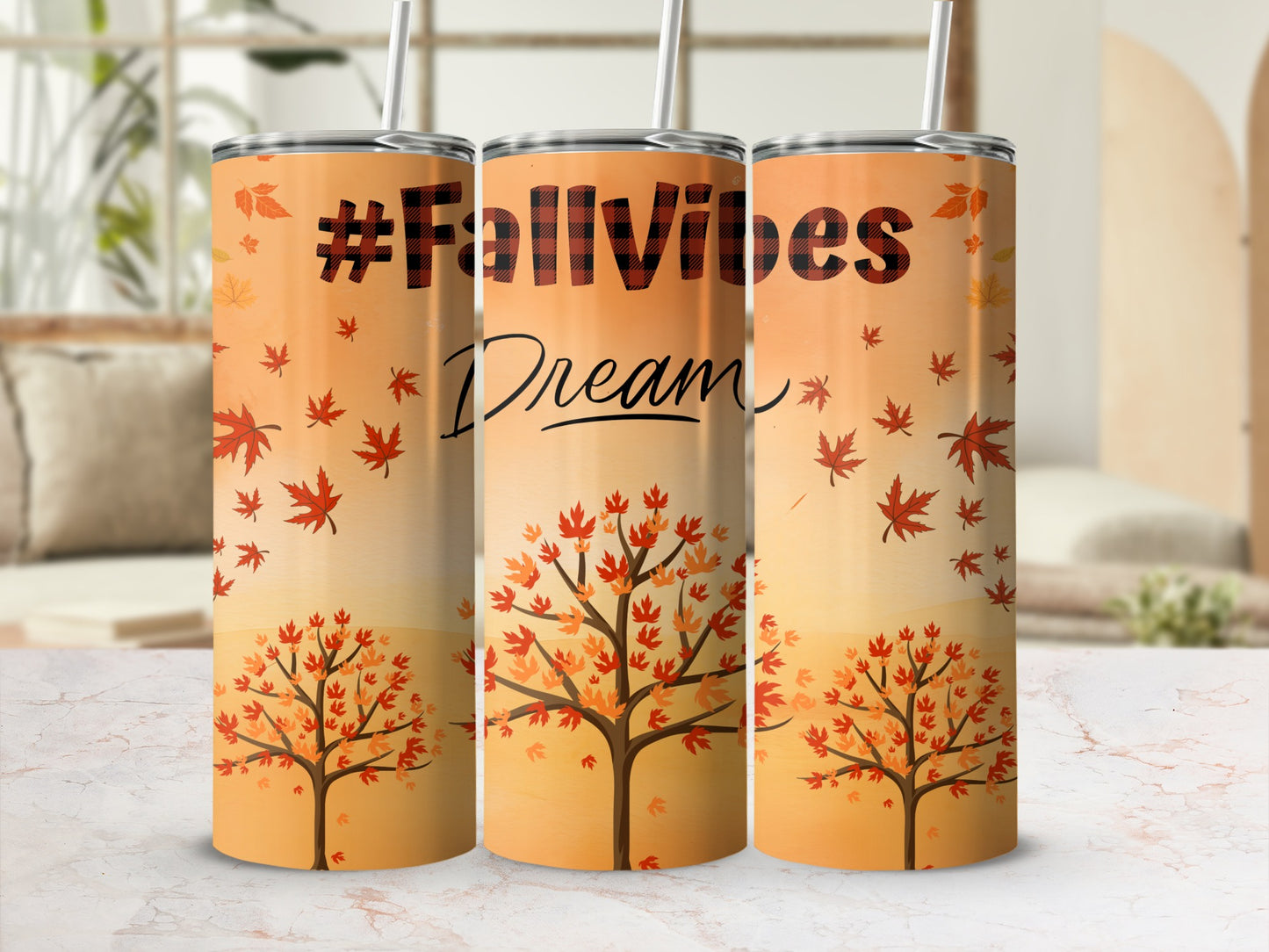 Autumn Leaf Design Tumbler with #FallVibes and Dream