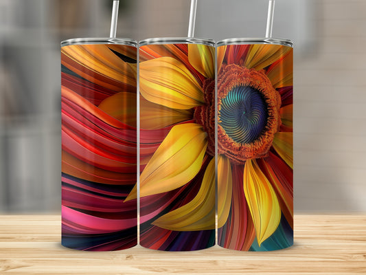 Three stainless steel tumblers with a vibrant abstract sunflower design.