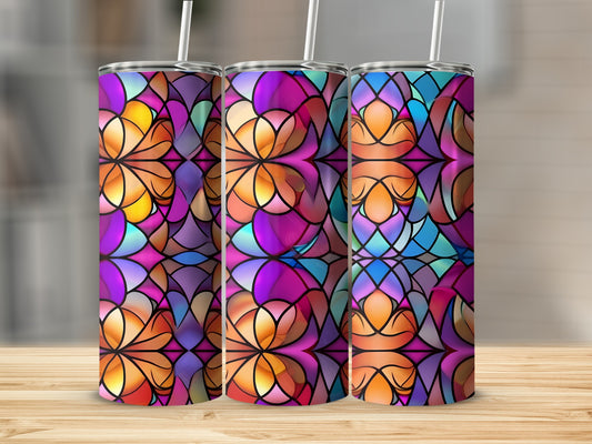 Three tall tumblers with colorful stained-glass floral pattern.