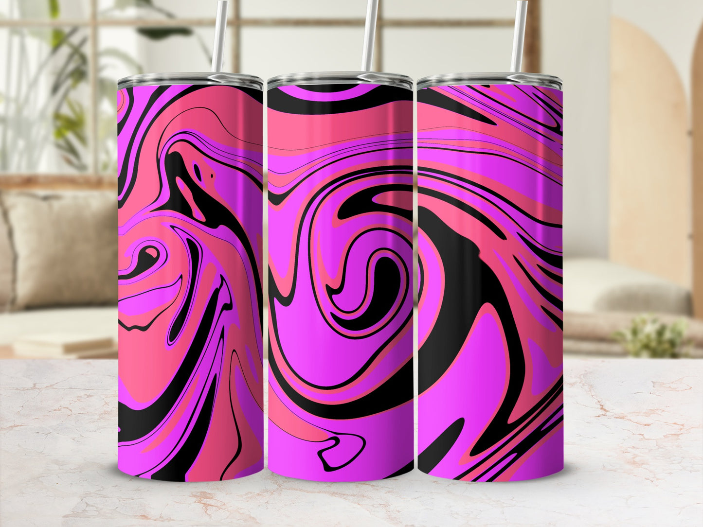 Vibrant Pink and Black Abstract Swirl Drinkware Tumbler