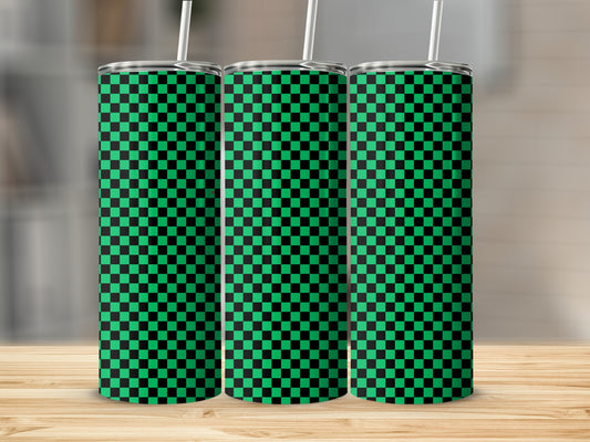 Three tall tumblers with a green and black checkerboard pattern.