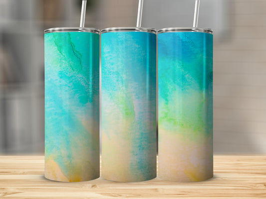 Three tumblers with a watercolor gradient of blue, green, and yellow.