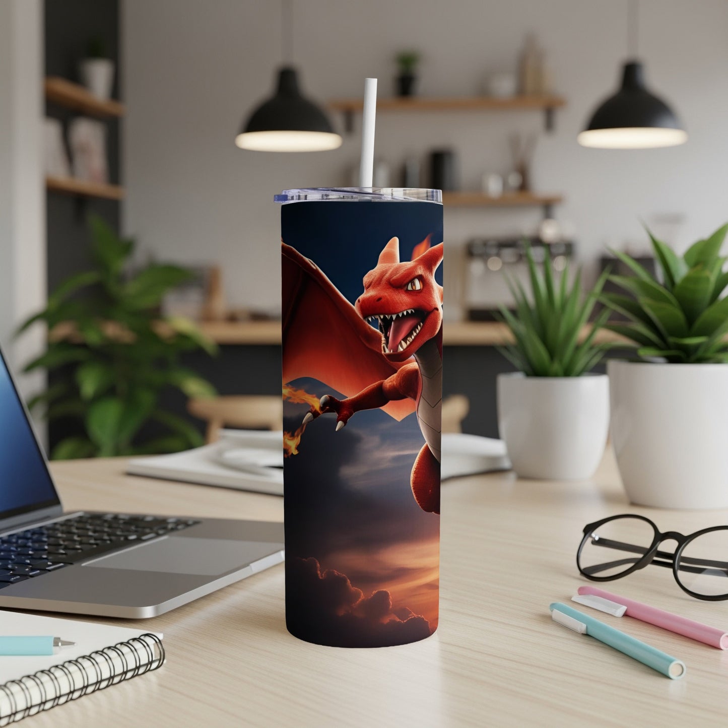 Charizard soaring through the sky, breathing fire on a tumbler.