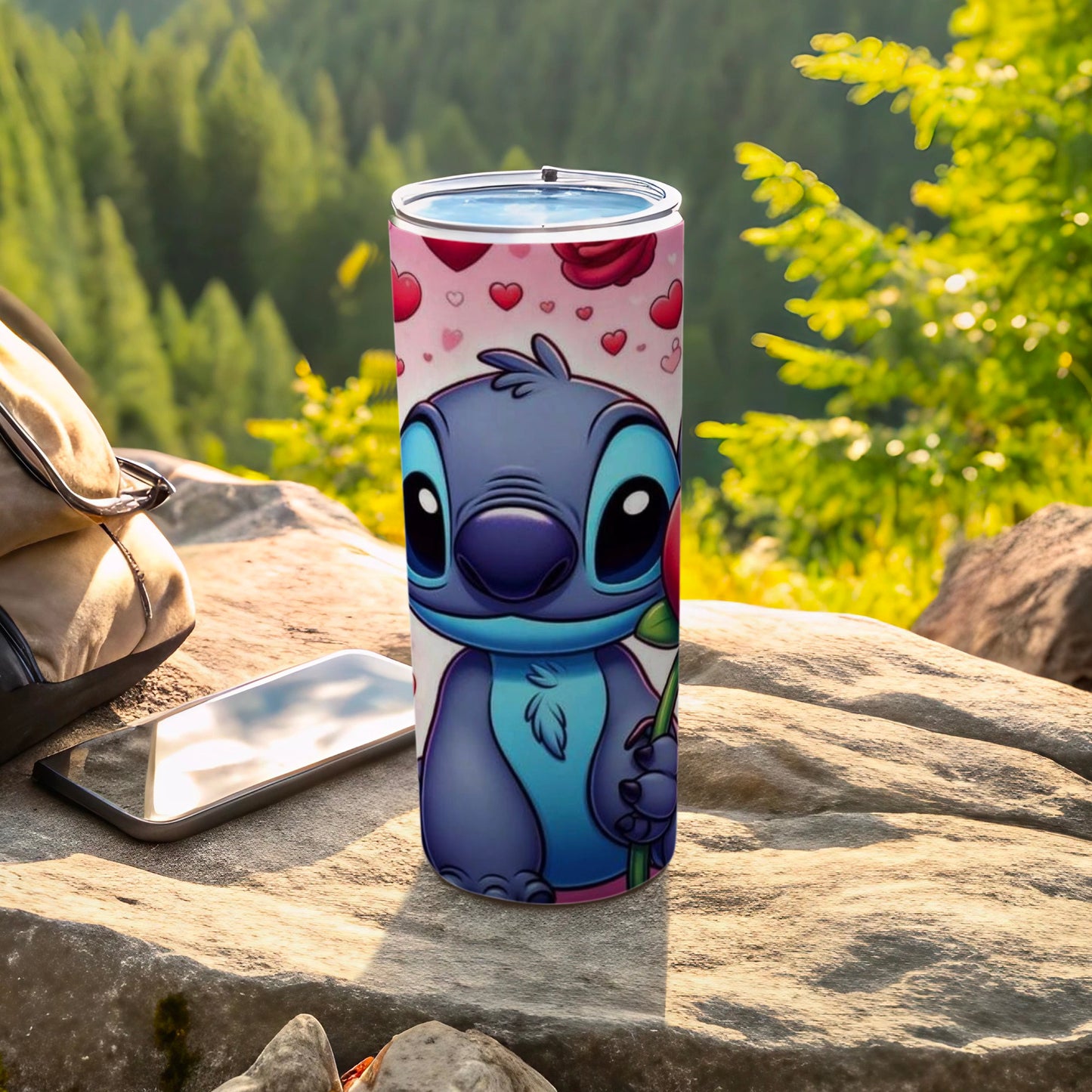 Cute Blue Alien With Hearts Pattern on Tumbler