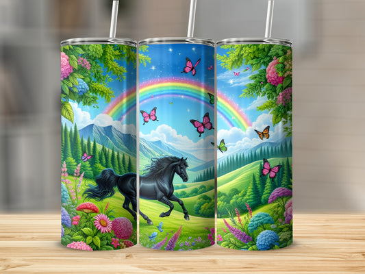 Black horse gallops through a rainbow landscape with butterflies and flowers.
