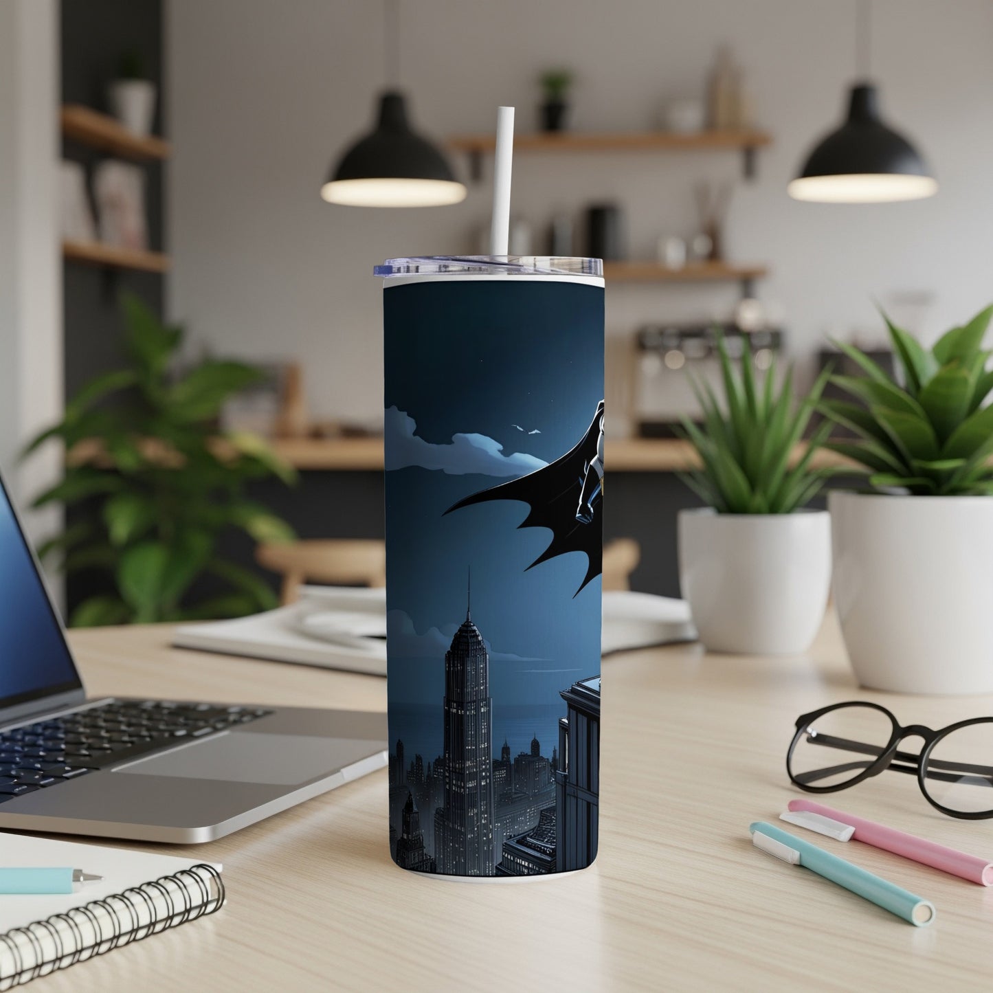 Batman on a Gotham City skyscraper rooftop at night, on a dark tumbler.