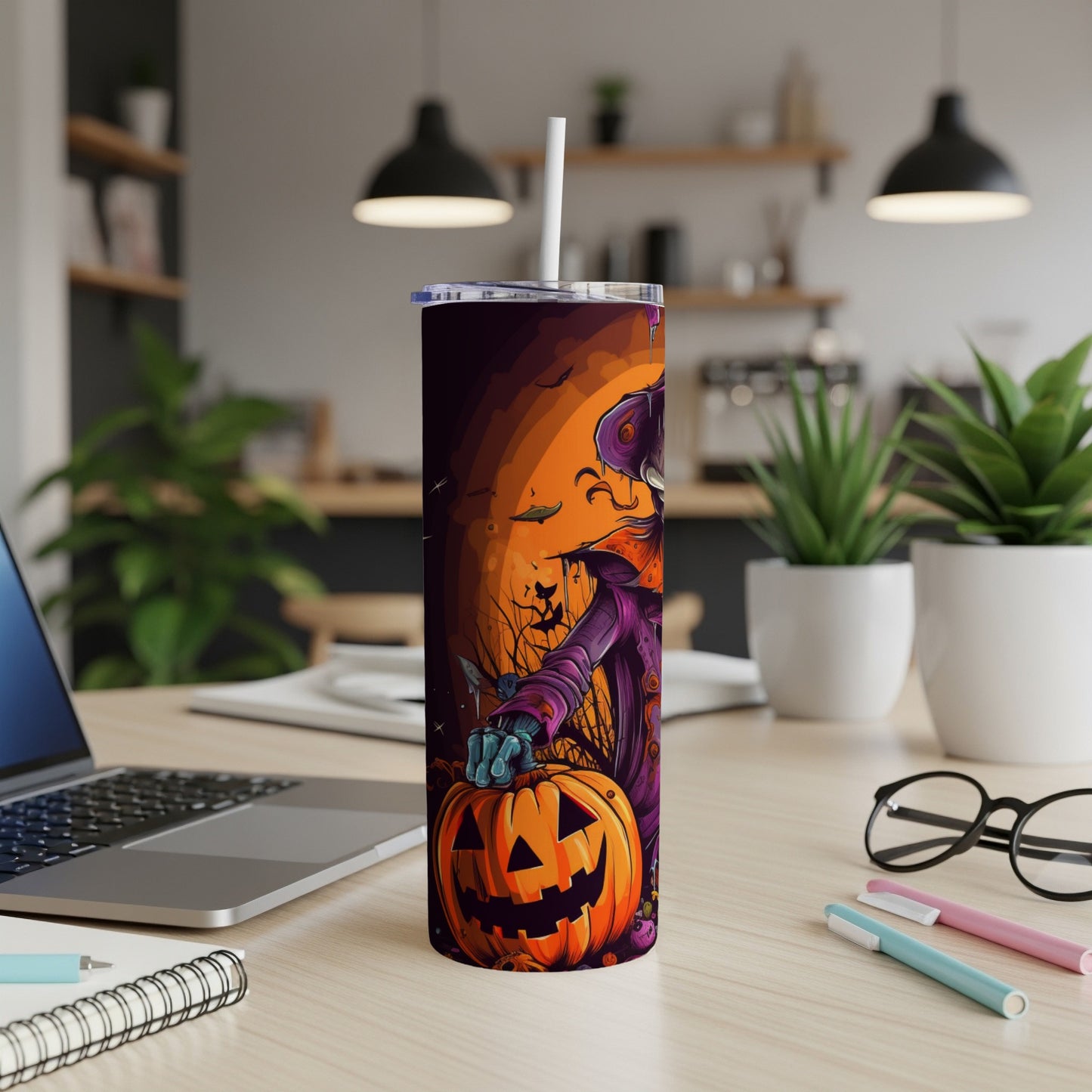 Halloween tumbler with scarecrow and jack-o'-lantern illustration.