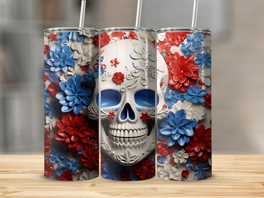 Sugar skull tumbler with red and blue floral accents.