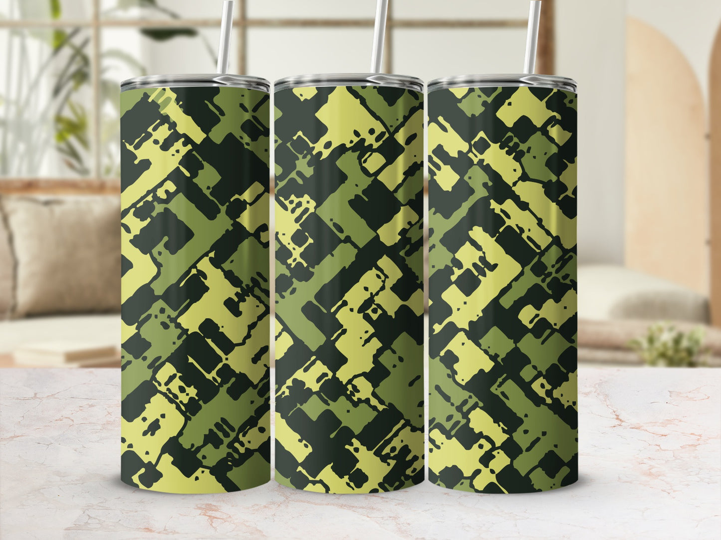 Unique Green and Black Geometric Camouflage Tumbler