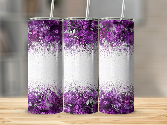 Three purple floral tumblers with glitter accents and white straws.
