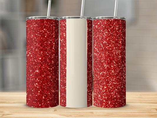 Three glittery red tumblers with white stripes on a wooden surface.
