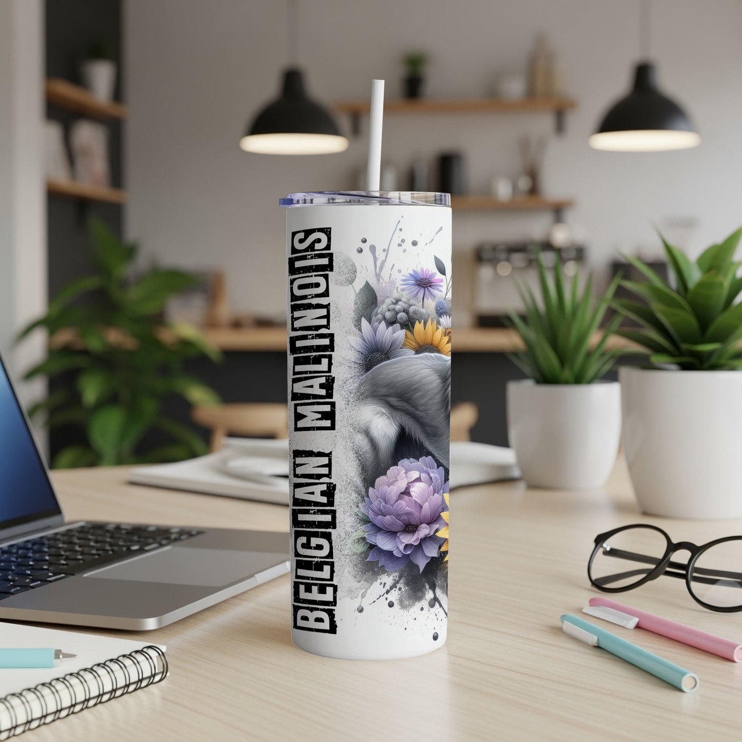Belgian Malinois tumbler with floral design and straw.