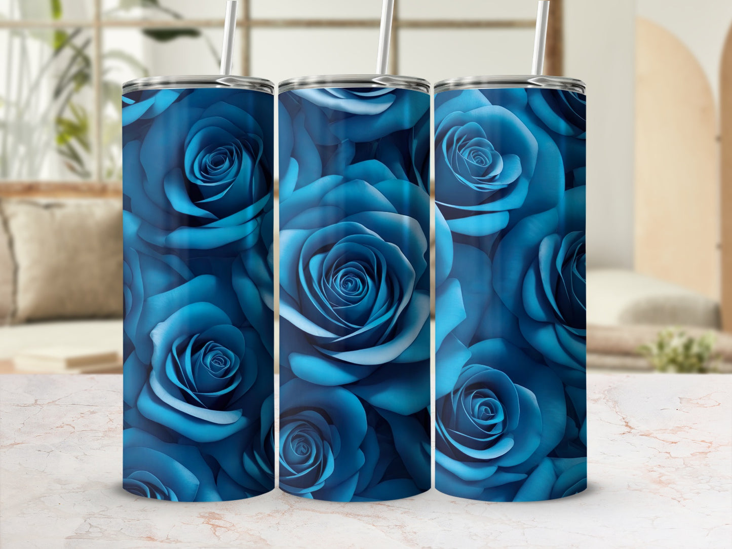 Blue Roses Pattern Design Tumbler With Straw