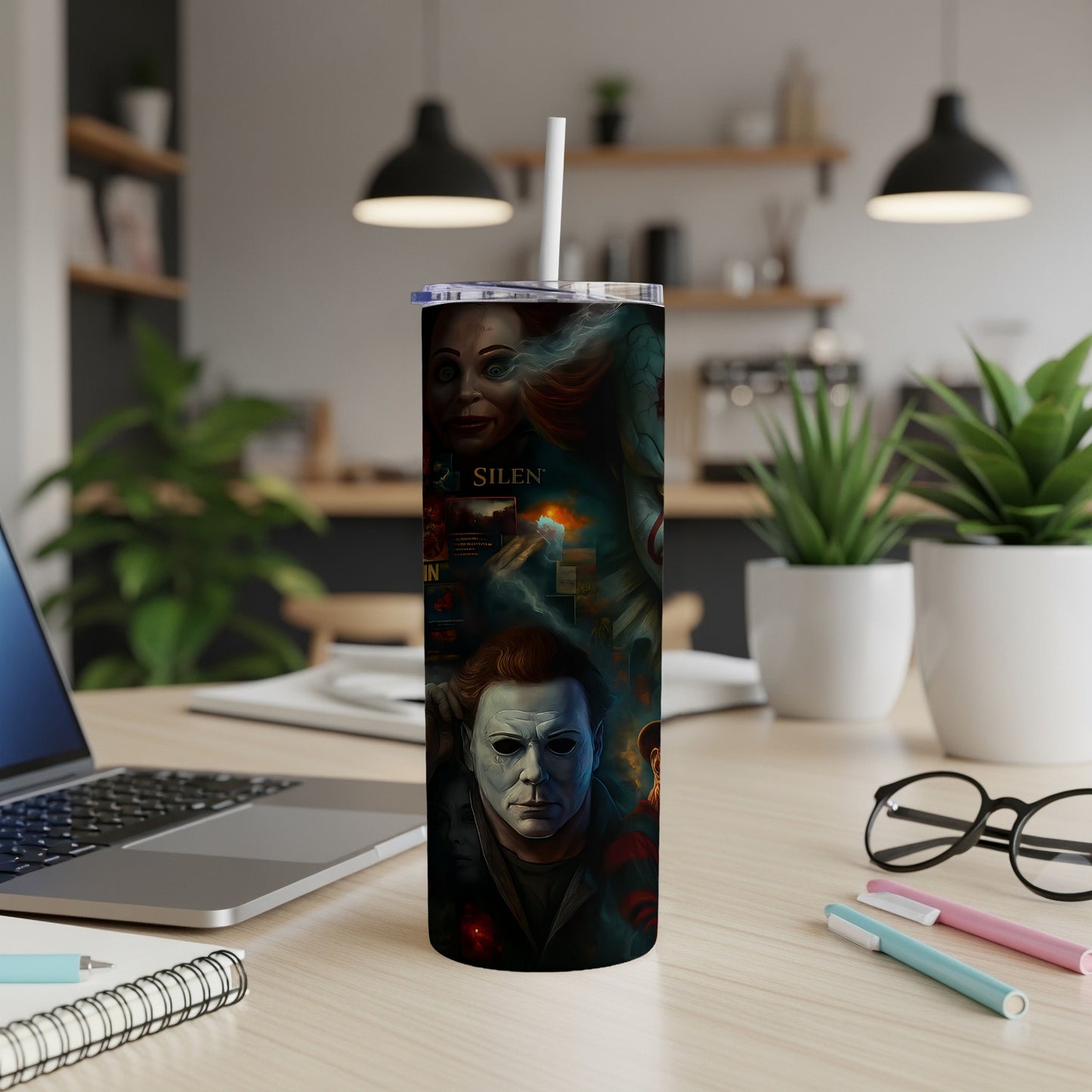 Tumbler with horror movie characters including Michael Myers and Pennywise.