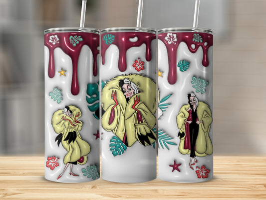Three Cruella de Vil tumblers with red drip and tropical leaf designs.