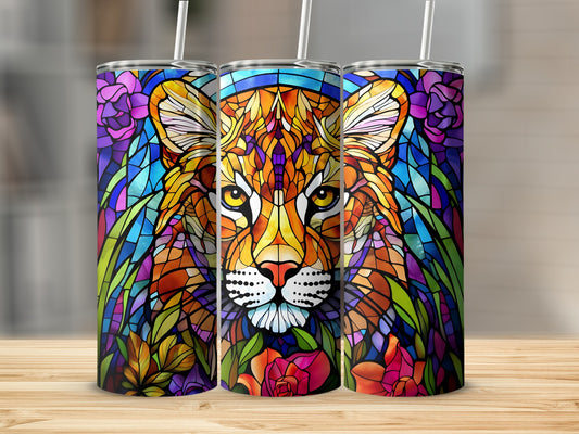 Three tumblers with stained glass tiger and floral designs.