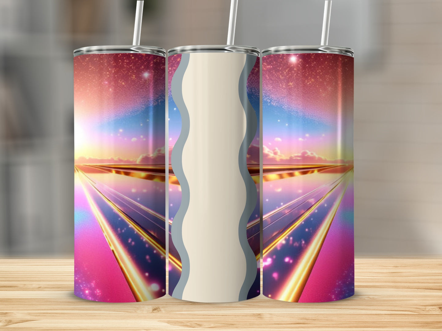 Three tumblers with a sunset and futuristic road design.
