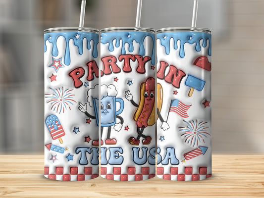 Three 3D tumblers with patriotic, party-themed graphics and characters.