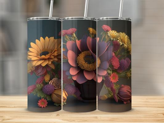 Three tumblers featuring a colorful floral arrangement with yellow and purple flowers.