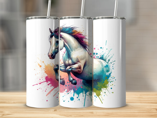 White horse with colorful mane and watercolor splatters.