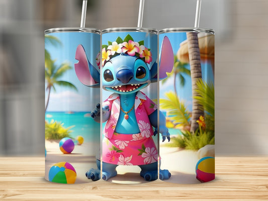 Tropical Beach Scene with Cartoon Character Tumbler