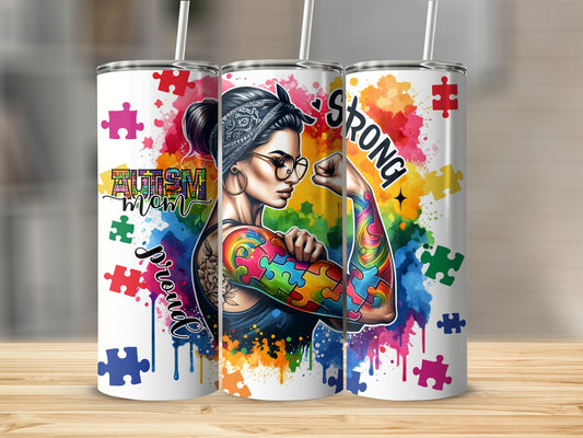 Autism Mom Proud Strong design with colorful puzzle pieces on a tumbler.