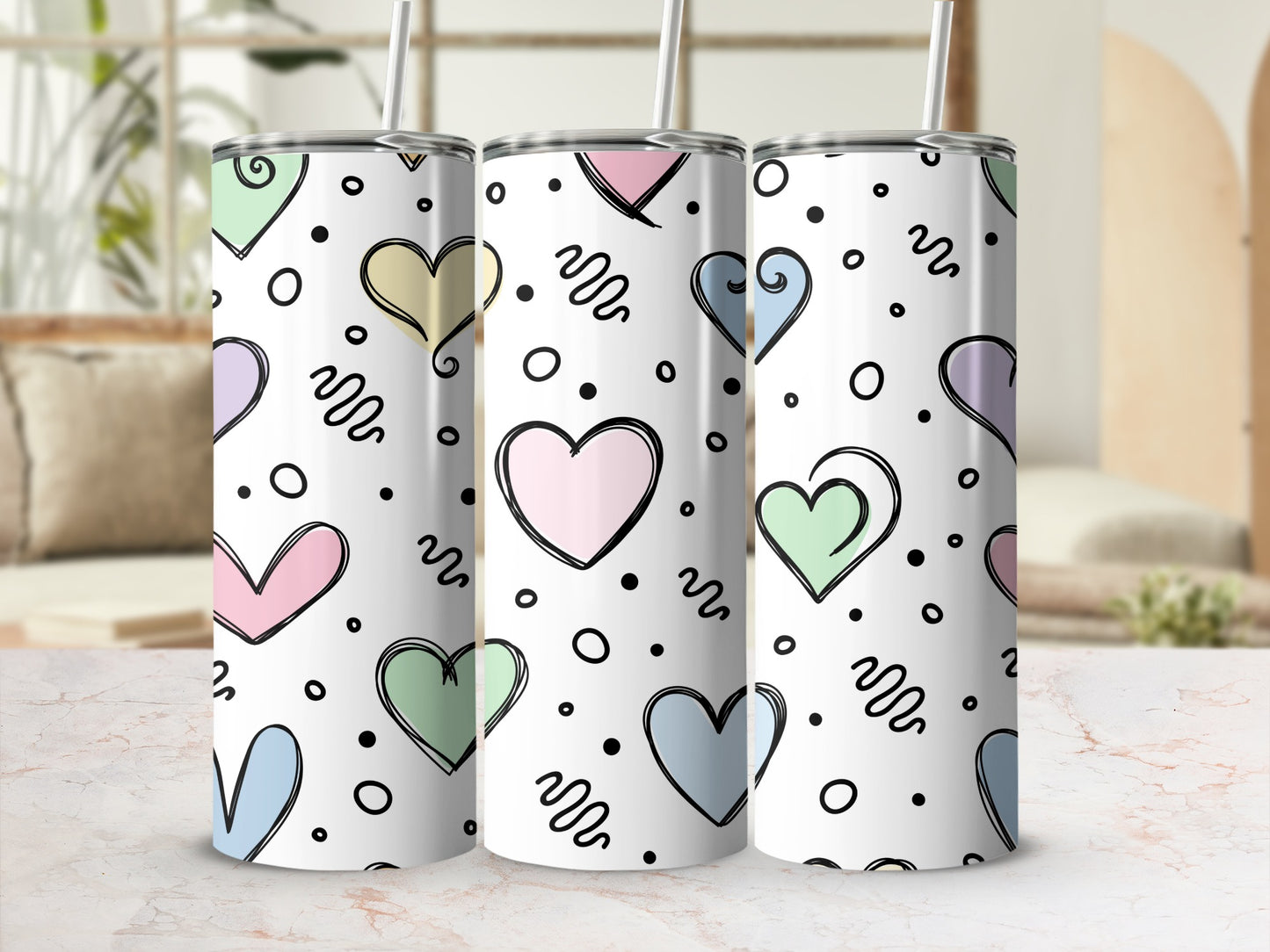 Colorful Hearts and Doodles Pattern Tumbler Product