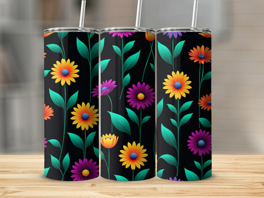 Three tumblers with a colorful floral and leaf pattern on a black background.
