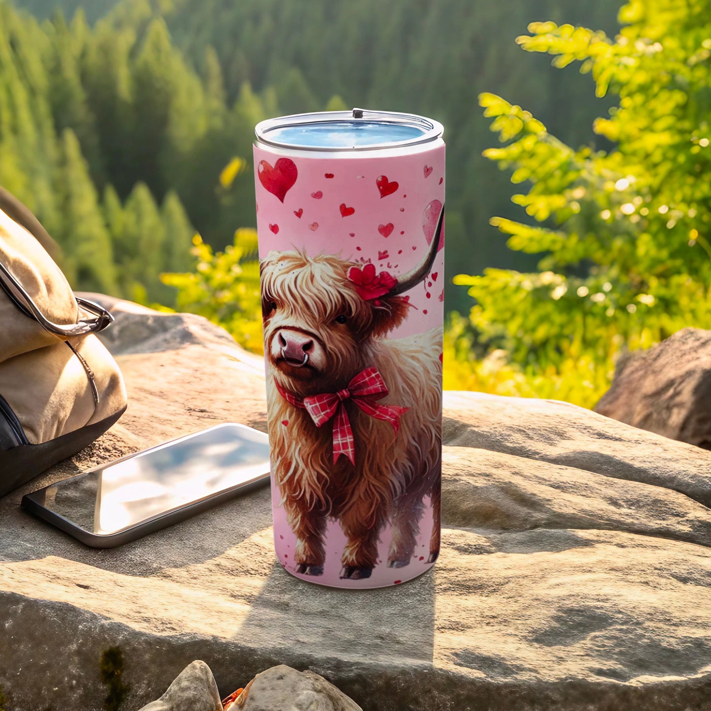 Cute Highland Cow with Hearts Print Tumbler Cup