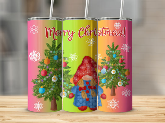 Three tumblers with Christmas trees and a gnome, reading "Merry Christmas!".