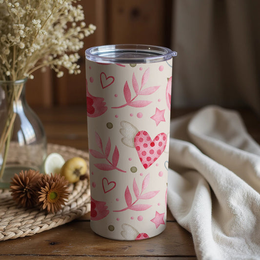 Pink Hearts Floral Patterned Travel Mug