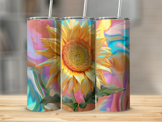 Three tumblers with sunflower and abstract watercolor designs.