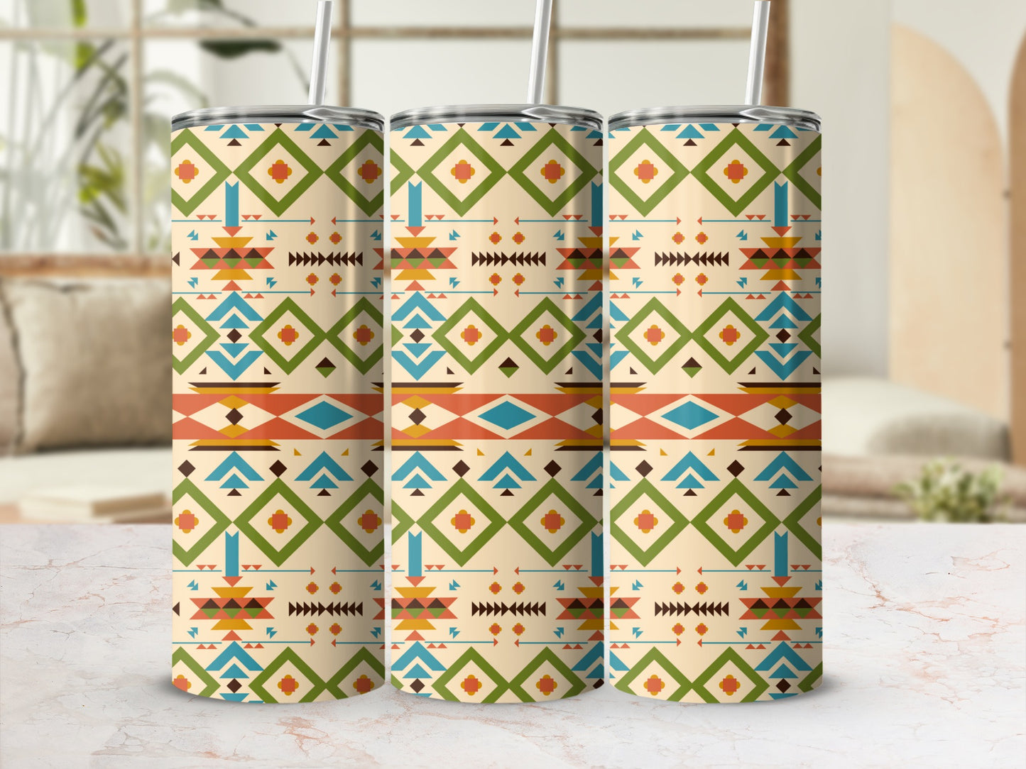 Colorful Geometric Pattern Travel Mug with Straw