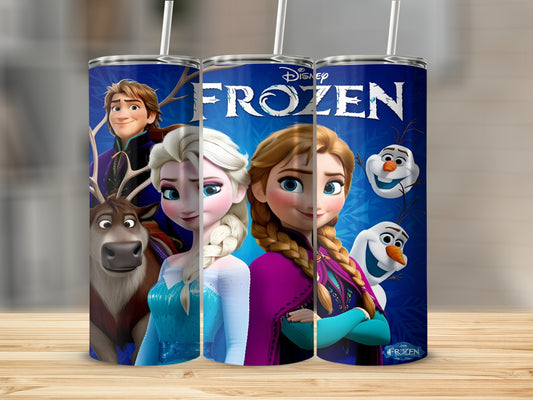 Disney's Frozen characters Elsa, Anna, Kristoff, and Olaf on a blue background.