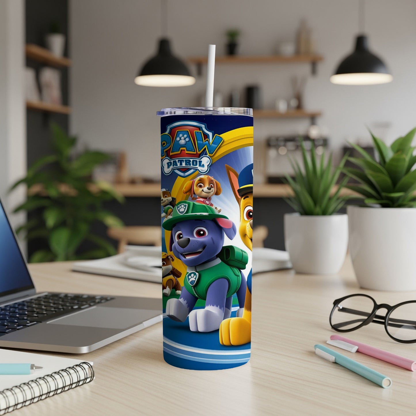 Paw Patrol tumbler featuring Chase and Ryder with a white straw.