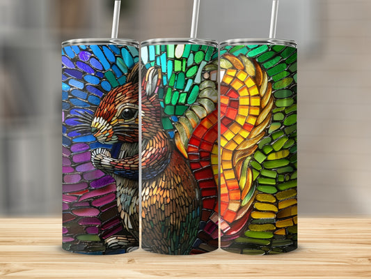 Squirrel stained glass pattern on three tumblers.